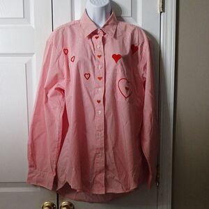Get Lucky USA red white striped heart valentine button down shirt Sz L NWOT